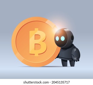 black robot holding bitcoin crypto currency web money mining passive income earnings artificial intelligence