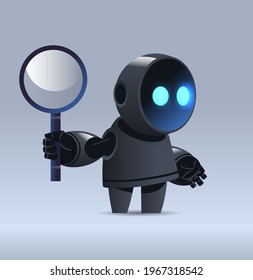 black robot holding magnifying glass data search artificial intelligence concept full length