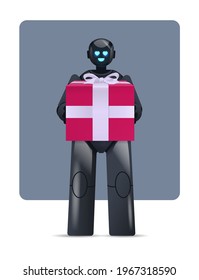 black robot holding wrapped gift box birthday or holiday celebration artificial intelligence concept
