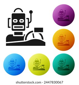 Black Robot humanoid driving a car icon isolated on white background. Artificial intelligence, machine learning, cloud computing. Set icons in color circle buttons. Vector