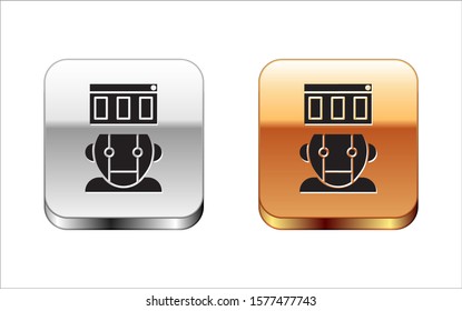Black Robot icon isolated on white background. Silver-gold square button. Vector Illustration