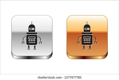 Black Robot icon isolated on white background. Silver-gold square button. Vector Illustration