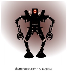 Black robot. Robot icon. Logos or emblems. Vector. 
Grey background. Illustration can be used in the internet advertisements, banners, websites, infographics, computer games.
