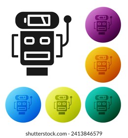 Black Robot low battery charge icon isolated on white background. Artificial intelligence, machine learning, cloud computing. Set icons in color circle buttons. Vector