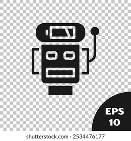 Schwarzer Roboter mit niedriger Akkuladung Symbol einzeln auf transparentem Hintergrund. Künstliche Intelligenz, maschinelles Lernen, Cloud Computing.  Vektorgrafik