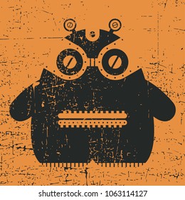 Black robot on orange grunge background.  