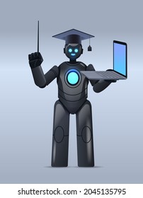black robot teacher in graduation cap holding laptop online education artificial intelligence concept