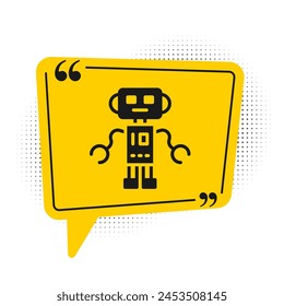 Black Robot toy icon isolated on white background. Yellow speech bubble symbol. Vector