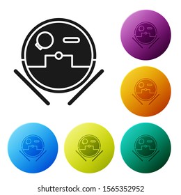 Black Robot vacuum cleaner icon isolated on white background. Home smart appliance for automatic vacuuming, digital device for house cleaning. Set icons colorful circle buttons. Vector Illustration