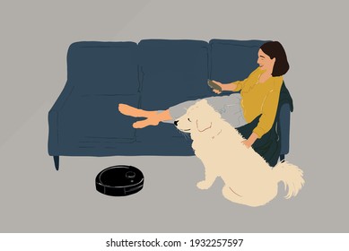 Black robotic vacuumer is cleaning the floor while pretty woman sitting on the blue sofa with a white dog at home. Lifestyle and smart technology concept. Vector illustration