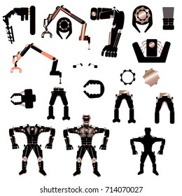 Black robots. Robot parts. Logos or emblems. Vector. White background.
Illustration can be used in the internet advertisements,
banners, websites, infographics.