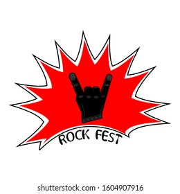 Black rock fest label , badge, crest rock and roll for flyer poster logo or t-shirt apparel clothing print. Cool hand gesture symbol. Heavy metal, rock. Vector 