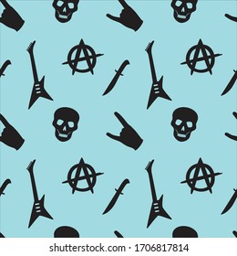 black rock Gothic set skull guitar hand knife anarchy pattern on a blue background seamless vector