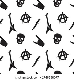 black rock Gothic set skull guitar hand knife anarchy pattern on a white background seamless vector