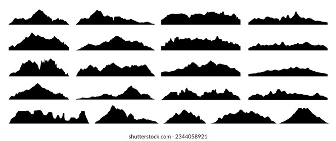 Black rock hill and mountain silhouettes of rocky landscape shapes, vector mount peak icons. Mountain rocks or canyon range and valley hills silhouette for hiking, camping or climbing sport and travel