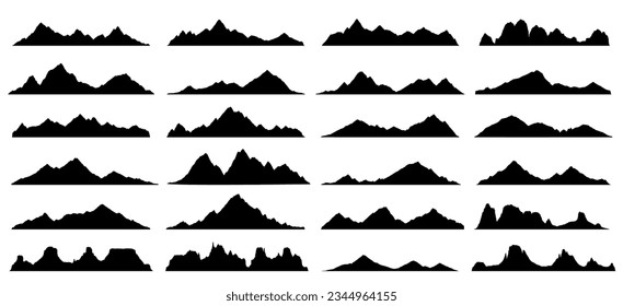 Black rock, hill and mountain silhouettes, vector landscape with rocky ranges, snow peaks and ridges. Mountain skyline nature landscape of outdoor adventure, hiking or climbing sport, camping, tourism