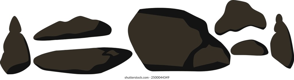 Black rock specimen set. Stone sample silhouette vector isolated. Collection from abstract forms for design.