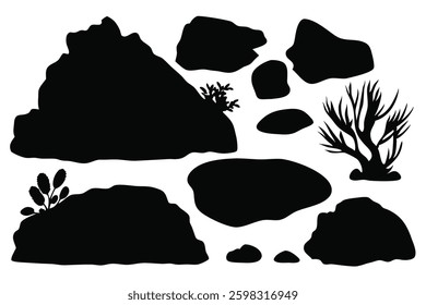 Black rock specimen silhouettes set isolated flat vector illustration on white background