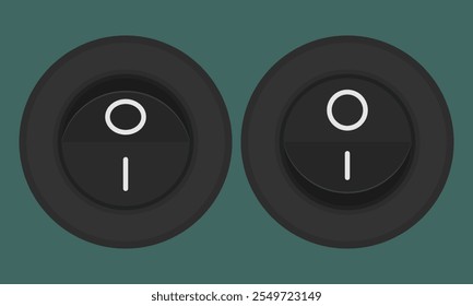 Black rocker switch with white markings. Vector image for electric illustrations or control schemas