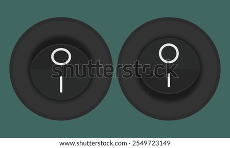 Black rocker switch with white markings. Vector image for electric illustrations or control schemas