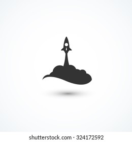 Black Rocket And Cloud, Icon In Flat Style Isolated On White Background, Conceptual Of Start Up New Business Project, Take Off Of A Business Or Project Or Extraterrestrial Travel Vector Illustration