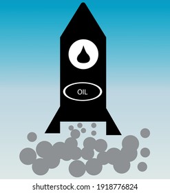 black rocket with the emblem of oil and the inscription in an oval "oil" taking off against the blue sky. world oil price raster