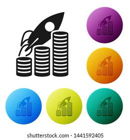Black Rocket flying up on coins growth chart icon isolated on white background. Graph that shows increase in sales. Set icons colorful circle buttons. Vector Illustration
