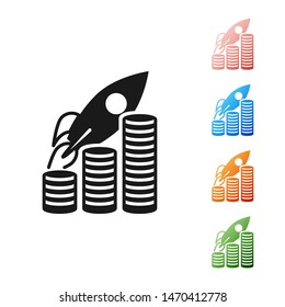 Black Rocket flying up on coins growth chart icon isolated on white background. Graph that shows increase in sales. Set icons colorful. Vector Illustration