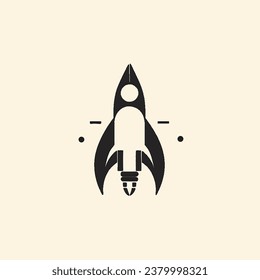 Black rocket icon with decorative lines and stars on a light tan background. Symbolizes space travel and adventure.