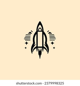 Icono del cohete negro con líneas decorativas y estrellas en un fondo de color marrón claro. Simboliza el viaje espacial y la aventura.