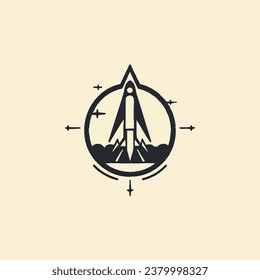 Black rocket icon with decorative lines and stars on a light tan background. Symbolizes space travel and adventure.