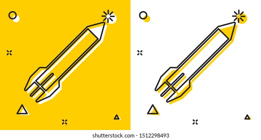 Black Rocket icon isolated on yellow and white background. Random dynamic shapes. Vector Illustration