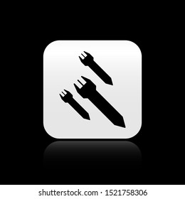 Black Rocket icon isolated on black background. Silver square button. Vector Illustration