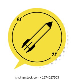 Black Rocket icon isolated on white background. Yellow speech bubble symbol. Vector Illustration