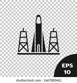 Black Rocket launch from the spaceport icon isolated on transparent background. Launch rocket in space.  Vector Illustration