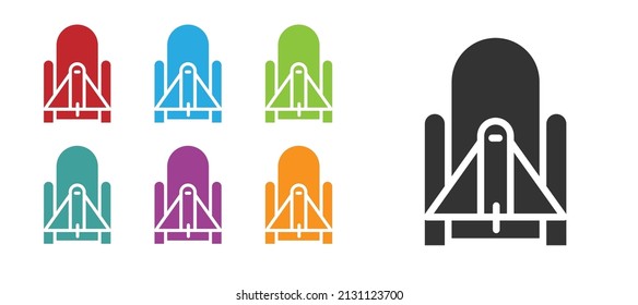 Black Rocket launch from the spaceport icon isolated on white background. Launch rocket in space. Set icons colorful. Vector Illustration
