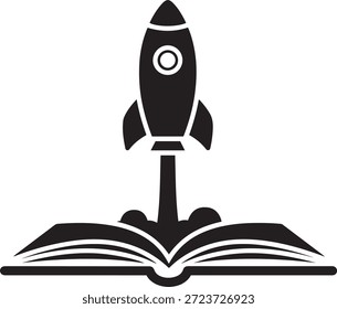 Cohete negro que lanza de la silueta abierta del libro en la educación espacial del fondo blanco