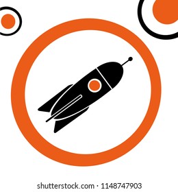 Black rocket in orange circle on white background.