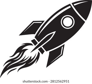 Black rocket ship with fiery exhaust trail spaceship space