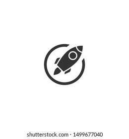 black rocket ship with fire flying out of circle isolated on white. Flat line icon. Vector illustration with flying rocket. Space travel. Project start up sign. Creative idea symbol. 