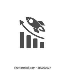 Black Rocket ship with fire and growth diagram. Isolated on white. Flat icon. Vector illustration with flying rocket. Project start up sign. Creative idea symbol. Right turn sign
