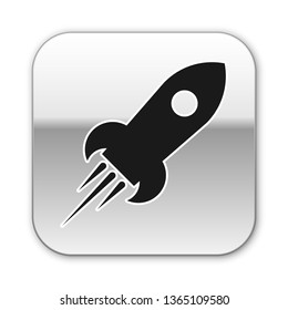 Black Rocket ship with fire icon isolated on white background. Space travel. Silver square button. Vector Illustration