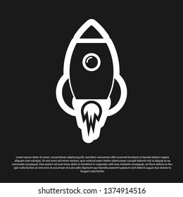 Black Rocket ship with fire icon isolated on black background. Space travel. Vector Illustration