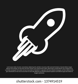 Black Rocket ship with fire icon isolated on black background. Space travel. Vector Illustration