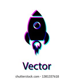 Black Rocket ship with fire icon isolated on white background. Space travel. Vector Illustration