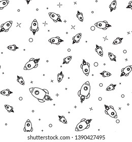 Black Rocket ship with fire icon isolated seamless pattern on white background. Space travel. Vector Illustration