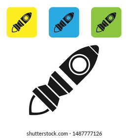 Black Rocket ship with fire icon isolated on white background. Space travel. Set icons colorful square buttons. Vector Illustration