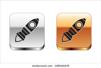 Black Rocket ship with fire icon isolated on white background. Space travel. Silver-gold square button. Vector Illustration