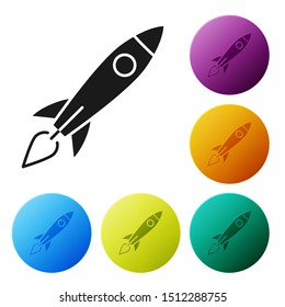 Black Rocket ship with fire icon isolated on white background. Space travel. Set icons colorful circle buttons. Vector Illustration