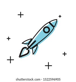 Black Rocket ship with fire icon isolated on white background. Space travel.  Vector Illustration